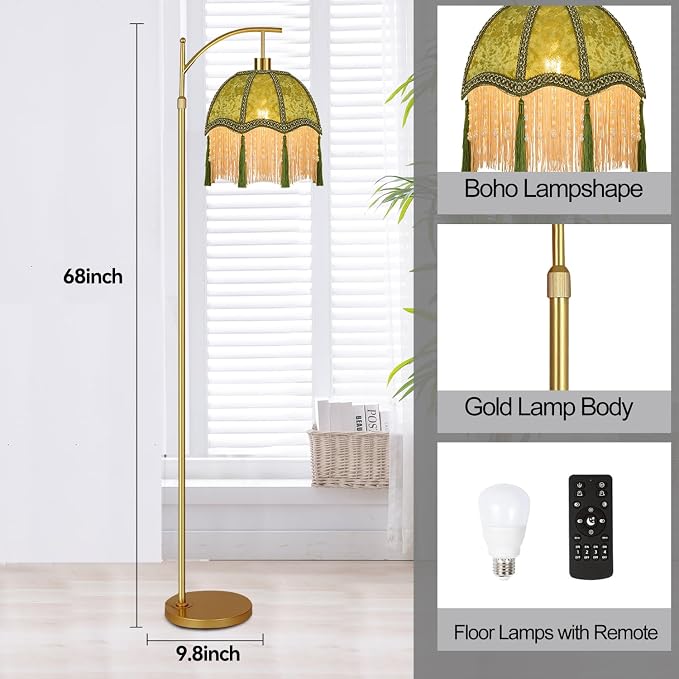 Vintage Floor Lamps for Living Room Boho Rustic Floor Lamp with Remote Control & 3 Color Temperature,Dimmable Gold Floor Lamp Mid Century Modern Standing Lamp Fringe Green Tall Floor Lamp For Bedroom