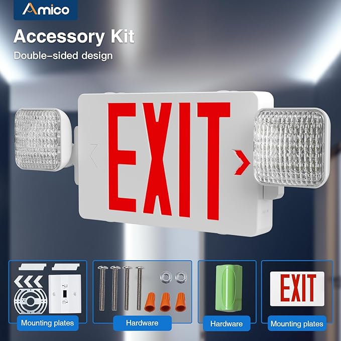 Amico 6 Pack Red Double-Sided Exit Sign with Emergency Lights, Two LED Adjustable Head with Battery Backup, ETL Certified, AC 120/277V, Commercial Emergency Lights Combo for Business