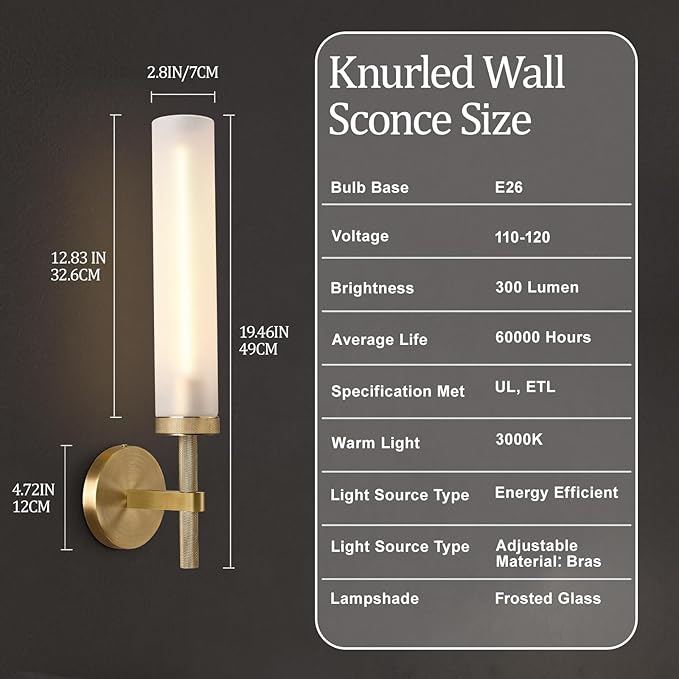 20'' Knurled Brass Bathroom Wall Sconces Set of 2,Premium Frosted Glass Tube Hardwired Vanity Lights, Modern Handmade Wall Lighting for Mirror, Bedroom, Hallway &Living Room,Staircases