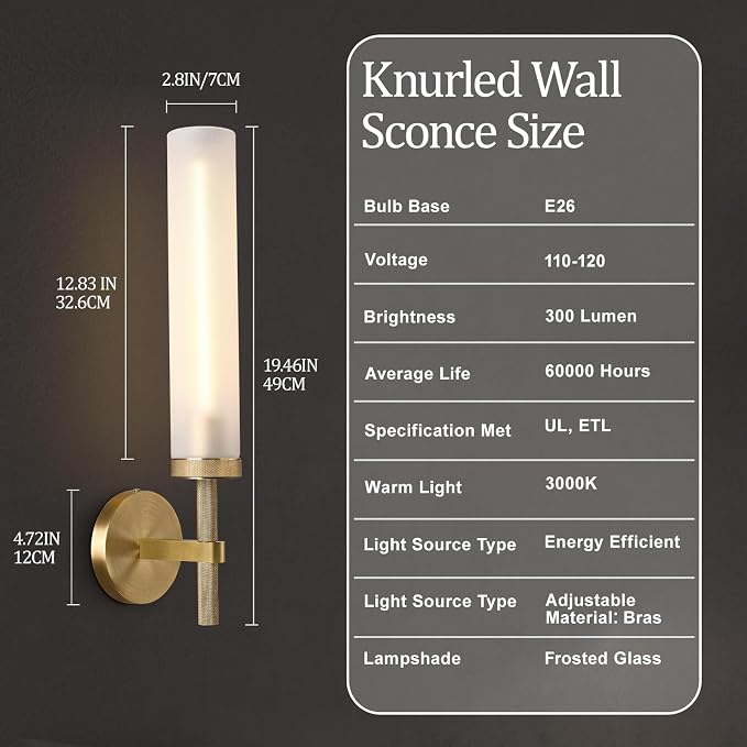 20" Knurled Brass Bathroom Wall Sconces,Frosted Glass Tube Brass Sconces Wall Lighting,Handmade Modern Hardwired Wall Sconce for Vanity,Mirror,Bedroom,Living Room,Hallway