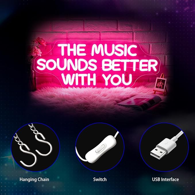 Neon Sign, Music Neon Signs for Wall Decor LED Signs Neon Light | The Music Sounds Better with You Neon Sign for Music Studio, Classroom, Bedroom, Club, Party, Pink Decor, Gift, USB Powered