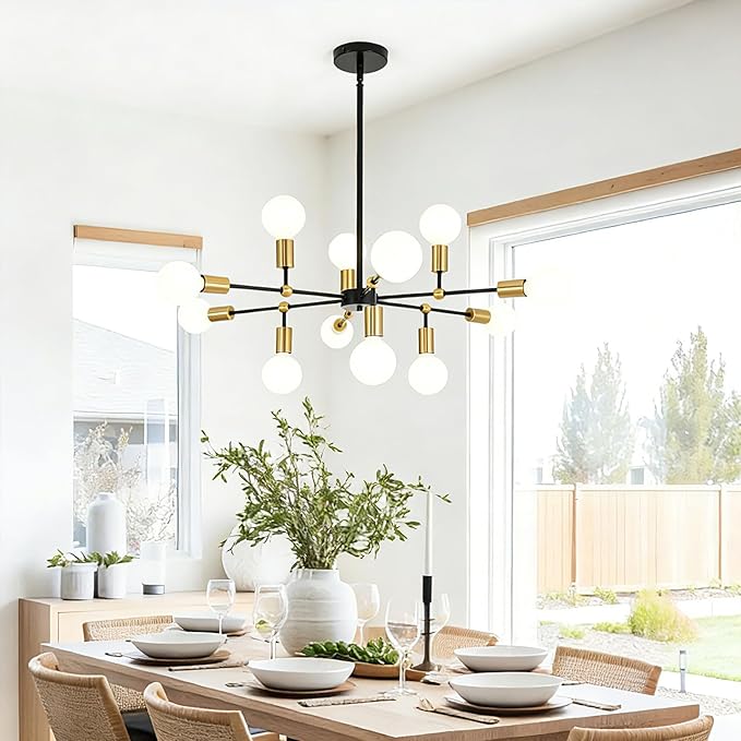 Modern Chandeliers for Dining Room with 12-Lights Adjustable Height Black and Gold Pendant Lights Kitchen Island Sputnik Chandelier for Living Room Bedroom Foyer Entryway