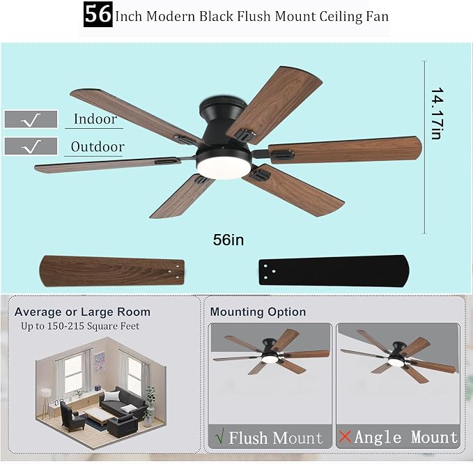 KNUN 56 inch Ceiling Fans with Lights,Brown Flush Mount Ceiling fan with Light and Remote/APP Control, 3CCT, Dimmable, Noiseless, Low Profile Ceiling Fan for Bedroom, Patio, Indoor/Outdoor Use