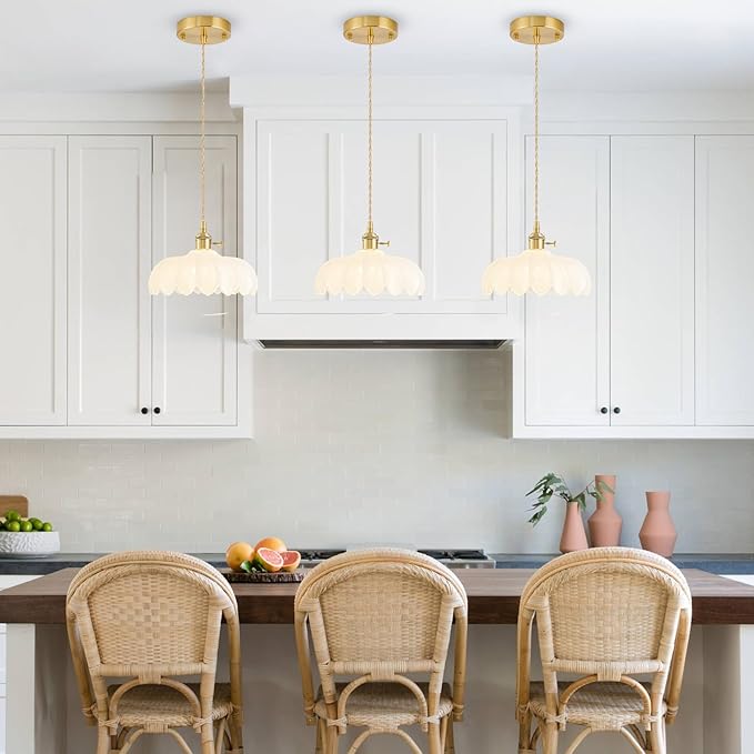 2 Pack Glass Pendant Lights Kitchen Island, Vintage Brass Pendant Light Fixtures, Adjustable Milk White Kitchen Pendant Lighting Over Island for Bedroom Living Room Hallway Dining Room