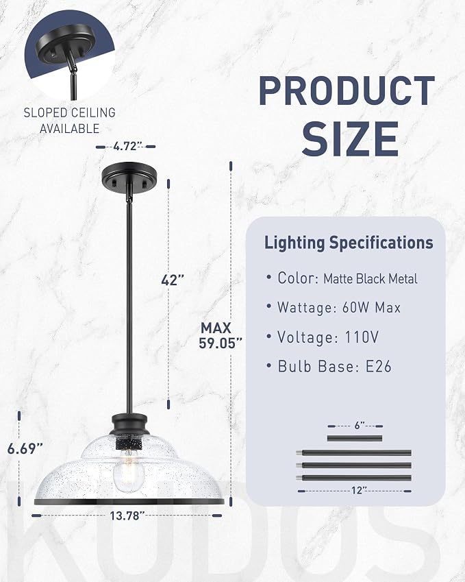 kudos 14" Black Seeded Glass Pendant Light Kitchen Island, KDPL14-BK-M | E26 Bulb Base, Hardwired, Farmhouse Styling, Adjustable Hanging Rods for Flat or Sloped Ceilings, for Kitchen Bars