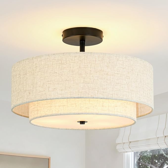 16" Semi Flush Mount Ceiling Light, 3-Light Drum Ceiling Light Fixture | 2-Tier Fabric Linen Shade Design, Farmhouse Chandelier for Dining Room, Living Room, Bedroom, Kitchen, Entryway, Black