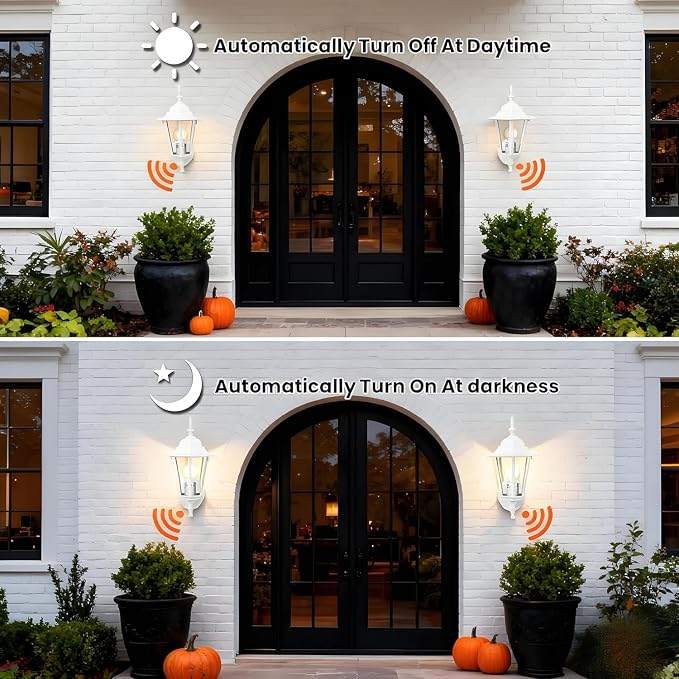 14.4"H Dusk to Dawn Outdoor Wall Light, White Exterior Garage Lighting Fixtures, Outdoor Porch Light Wall Mount, Modern Outside Wall Lantern Sconce Sensor Dusk Dawn Light for House, 2 Pack, E26 Base