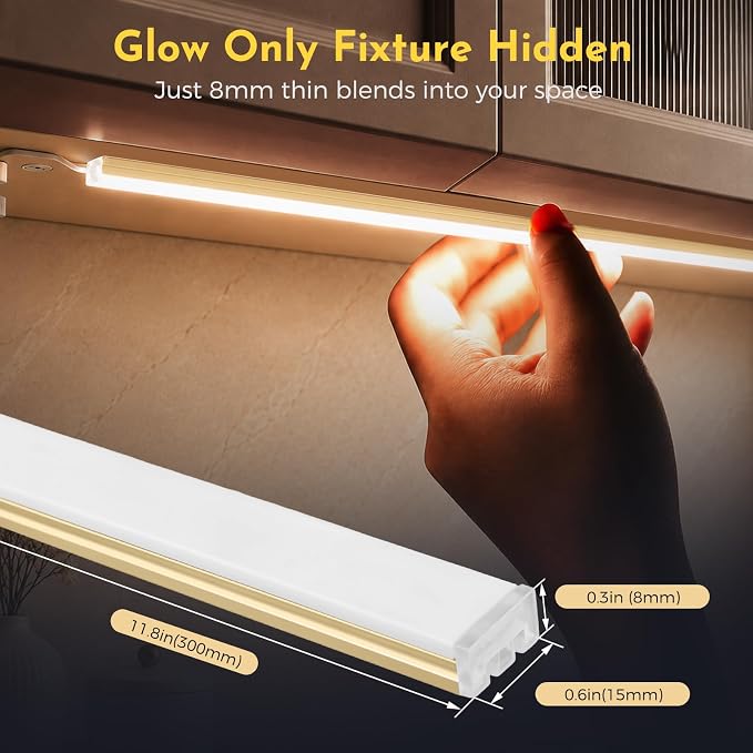 V4light Under Cabinet LED Lighting Bars, 6Pcs Gold, Plug-in, Dimmable | 0.3in Ultra-slim aluminum bars with touch dimmer & remote, 2700K–6500K adjustable, ideal for closet, shelf & display cabinet