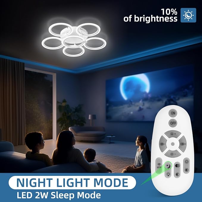 LED Ceiling Light, 6-Ring Modern Flush Mount Fixture, 77W Dimmable 3000K–6500K, White Ceiling Light with Remote for Living Room Bedroom Kitchen (28.9")