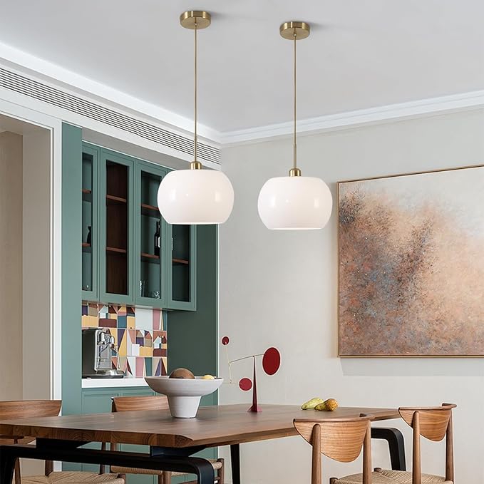 BOKT 1-Light Gold Dome Pendant Light Mid Century Modern White Globe Pendant Lighting Kitchen Island Brass Dining Hanging Ceiling Lamp Single Large Glass Ball Pendant Lamp