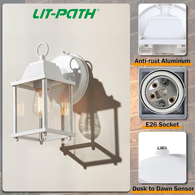 Outdoor Wall Light Fixture, Rustproof Aluminum, Clear Glass | Dusk to Dawn Exterior Porch Light Wall Sconce Lantern for House, Patio, Garage, Waterproof, E26 Socket 60W Max, White, 2 Pack