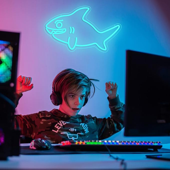 Shark Neon Sign for Wall Decor Fish LED Neon Light USB Powered Shark Shaped Light Sign for Wall Decor Man Cave Zoo Bedroom Home(10.63 * 16.54In)
