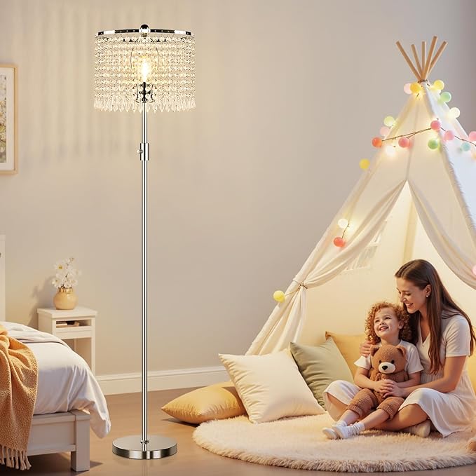 【Upgraded】 Dimmable Crystal Floor Lamps for Living Room, 1000LM LED Bulb Included, Standing Lamp with Knob Switch, Tall Silver Modern Floor Lamp for Bedroom Nursery Office Reading