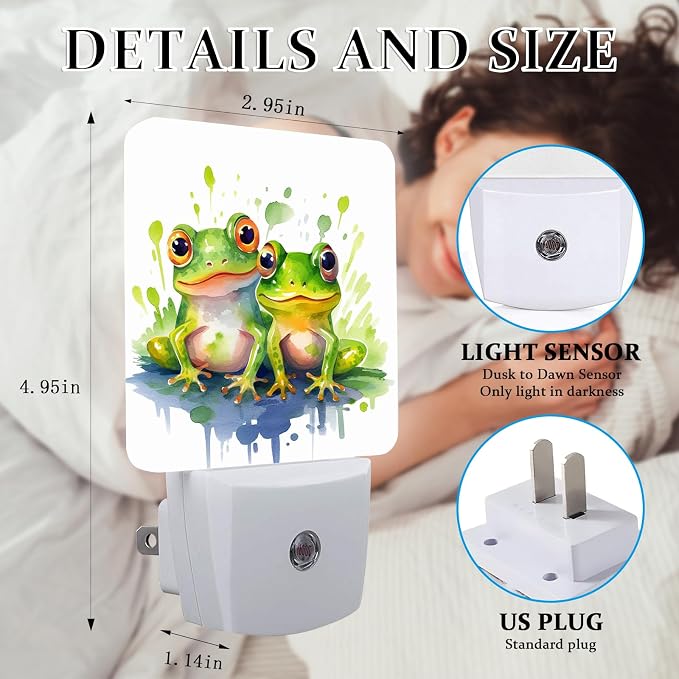 Watercolor Two Frogs Night Light, Plug-into Wall Nightlight Lamp with Dusk to Dawn Sensor, Led Lamp 0.5W Energy Efficient for Boys Girls Adults Home Decor