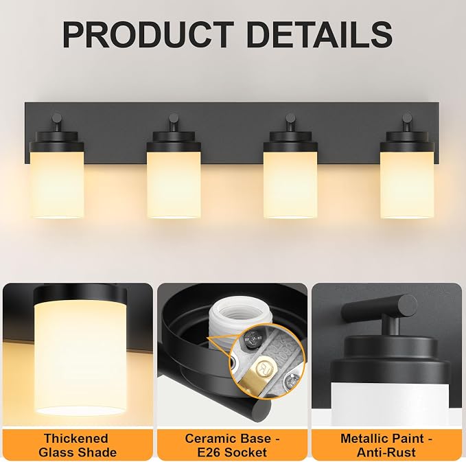 IZORRO Bathroom Vanity Light Fixture, 4-Light 30 Inch Matte Black Bathroom Light Fixtures Over Mirror, with White Glass Shade, Modern Farmhouse Vanity Lights, Rustic Restroom Lighting Fixtures