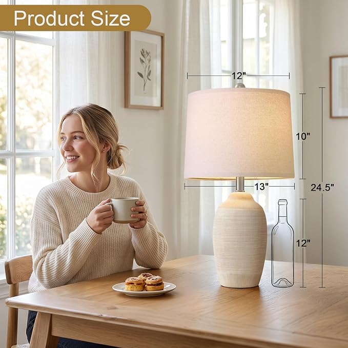 24.5" Vintage Ceramic Table Lamp Single-Rustic Boho Accent Nightstand Lamps for Bedroom, Living Room, Entryway-Small Textured Bedside Lamps, Modern Farmhouse Table Lamps for Home Decor Beige