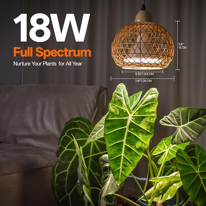 Hanging Grow Light for Indoor Plants 18W | Full Spectrum Plant Light, With 4H/9H/14H Timer, Boho Rattan Shade, 3800K Hanging Lights for Indoor Plants
