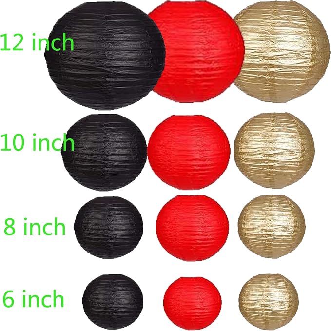 12Pcs Paper Lanterns 6”, 8”, 10”, 12”,Paperlanterns Party Decoration, Black Red Gold Paper Lanterns for Wedding, Bridal, Birthday, Outdoor, Home, Garden, Holiday and Party.