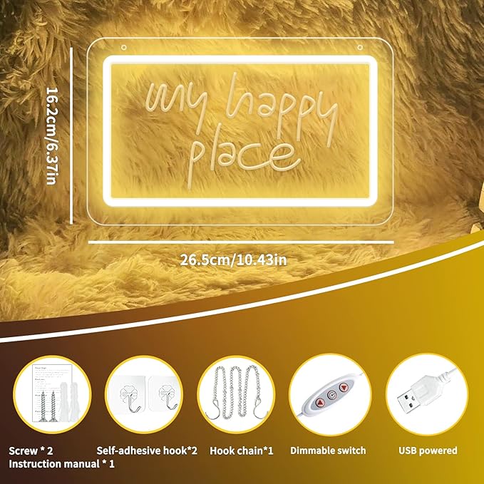 KeyDoors My Happy Place Neon Sign,Dimmable Warm White LED Neon Light for Wall Decor, USB Powered Letter Neon Signs, 3D Art Carving Design Neon Sign Light for Christmas Party Wedding Birthday Gift