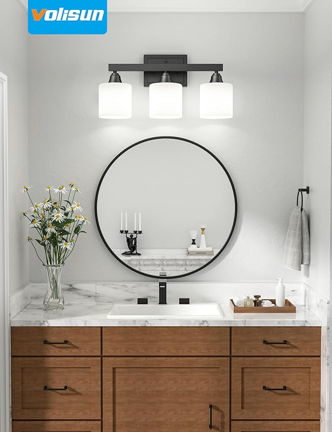 VOLISUN Matte Black Bathroom Light Fixtures, 3-Light Bathroom Vanity Lights Over Mirror, Modern Vanity Light for Bathrooms, Bathrooms Lights Fixtures Over Mirror with Milky White Frosted Glass Shades