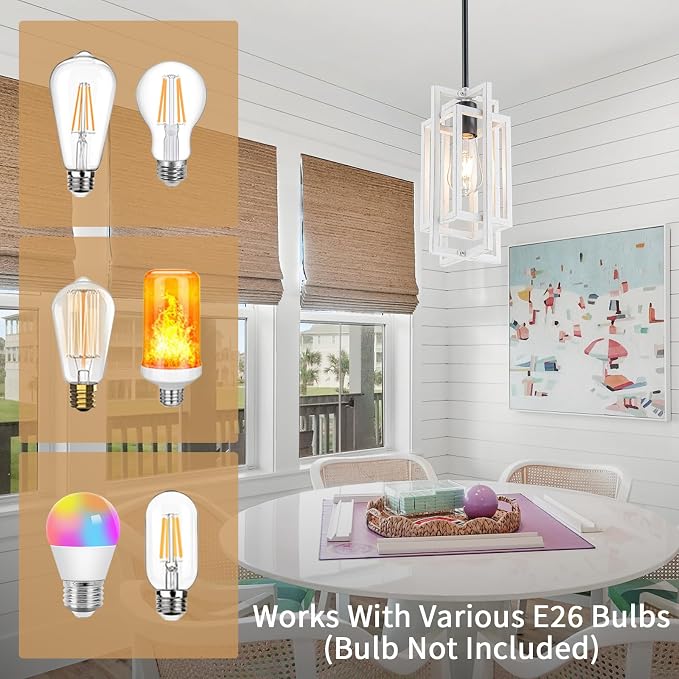 Farmhouse Pendant Light Fixtures, Modern White Wood Texture and Black Finish Pendant Lights 59'' Adjustable Small Square Pendant Ceiling Hanging Light for Kitchen Island Dining Room Entryway