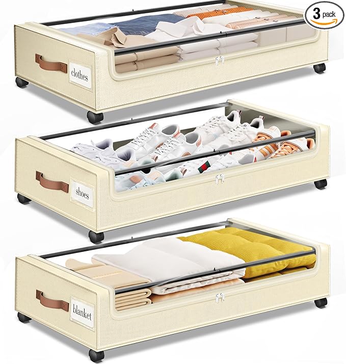 Under Bed Storage with Wheels 3Pack Storage Containers with Clear Window | Under Bed Drawers Rolling Under Bed Storage for Clothes,Shoes, Blankets (30.71 x 16.93 x 6.69 in, Beige)