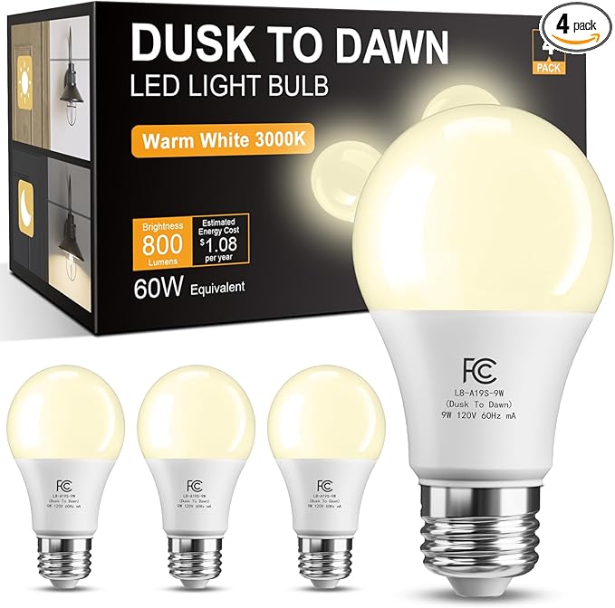 TJOY Dusk to Dawn Light Bulb Outdoor, Light Sensor, Automatic On/Off, 3000K | Photocell A19 LED Bulb for Outdoor Porch Lighting, 60W Equivalent, Energy Efficient 9W, Warm White, E26 Base, 4 Pack