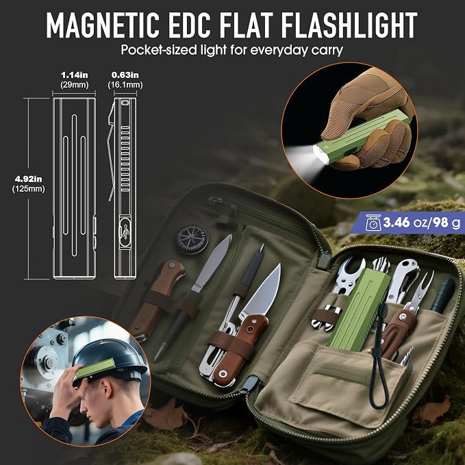 Hoxida Rechargeable EDC Flashlight High Lumens, Pocket Mini Flashlight with Tactical Strobe Button, Portable Magnetic Small EDC Flat Flashlight for Camping, Emergency,1pcs Green