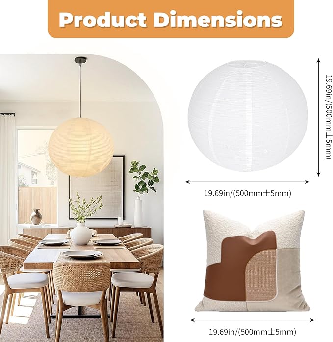 White Round Paper Lantern Lampshade set of 2, 20"x20'' Large Paper Lanterns Pendant Light Shade, Chinese Foldable Design for Living Room, Bedroom, Ceiling Lampshade Party Decor