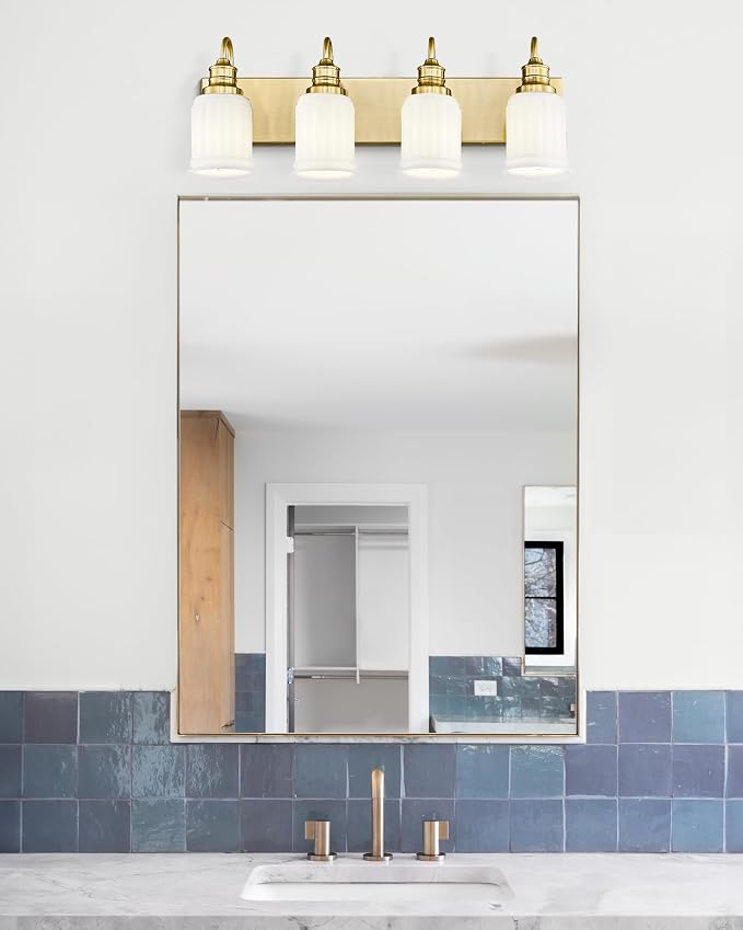 Bathroom Light Fixtures 4-Lights, HWH Brushed Gold Vanity Light Modern Bathroom Vanity Lights Over Mirror, 26'' Antique Brass Vanity Light with Frosted White Bell-Shaped Fluted Glass, 5HZG106B-4W BG