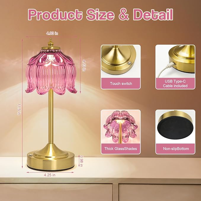 Cordless Table Lamp, Rechargeable Purple Glass Lotus Flower Lamp | 5200mAh touch lamp with 3 color modes and stepless dimming, battery operated lamp for nightstands and kitchen counters