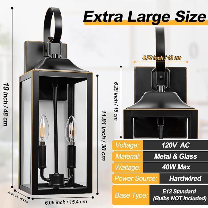 19" Large Outdoor Wall Lights Modern Front Porch Lantern Wall Mount 2-Light | Waterproof Classic Outdoor Light Fixture with Clear Glass, Farmhouse Exterior Lights for House, Black with Gold Trim, 1-Pack