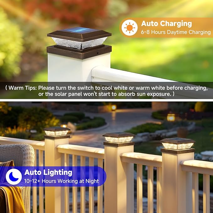 4x4 Solar Post Cap Lights Outdoor 4 Pack, Waterproof Solar Fence Light for Wooden/Vinyl Post, 2 Color Outside Deck Patio Porch Decor, Brown
