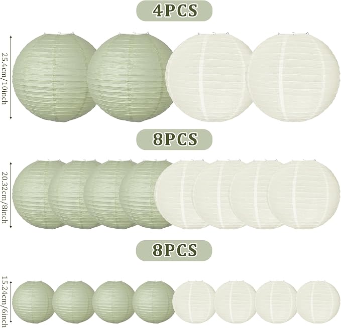 20Pcs Paper Lanterns, Sage Green and Ivory Hanging Lantern for Rustic Party | 6"8"10" Round Paper Lanterns Decorations for Bridal Shower Wedding Engagement Birthday Baby Shower Home Classroom Decor