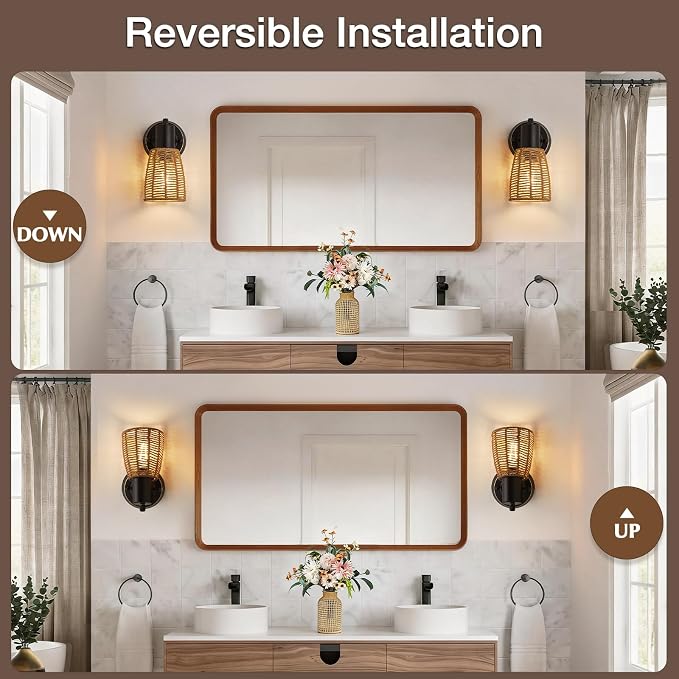 EJIAXIN Boho Rattan Wall Sconces Set of 2 - Vanity Lights for Bathroom Farmhouse Wall Light Fixtures with Rotary Switch - Black Indoor Wall Mount Lighting Rustic Lamp for Bedroom Living Room Hallway