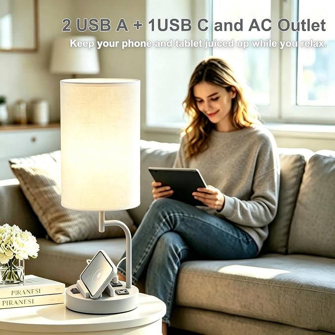 Dreamholder 2 Pack Table Lamp, Bedside Lamp with 3 USB Charging Ports & AC Outlet, USB Desk Lamp with 2 Phone Holders, Linen Fabric Shade Nightstand Lamps for Bedroom Living Room Office, Gray