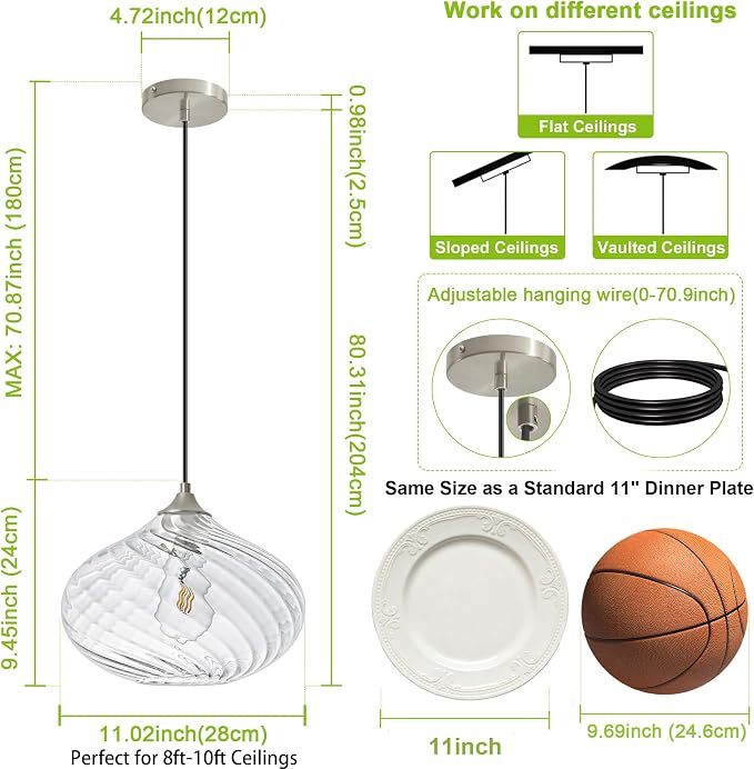 11in Nickel Pendant Lights Kitchen Island with Clear Glass Shade 1Pack | Handcrafted Glass Pendant Light Fixtures, UL Certified, E26 Base 100W Max, Height-Adjustable, Dimmable Hanging Pendant Light