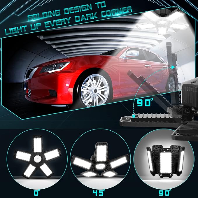 LED Garage Light - 160W 16000LM 6500K LED Garage Ceiling Lights, Screw in Shop Lighting 5+1 Deformable Panels for Attic, Basement, Workshop, E26/E27 (1)