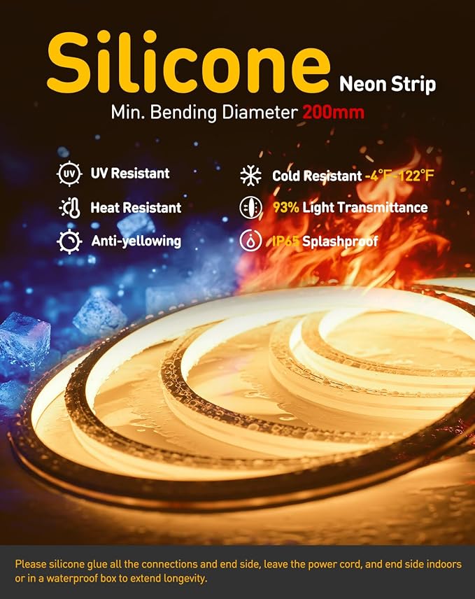 3D LED Neon Rope Light AC 120V 10x10mm, 2800K Warm White,50ft | Top & Side Bend, 400LM, Dotless, Driverless, IP65 Waterproof, Cold-Resistant, ETL Listed, Silicone Strip, for Home Commercial