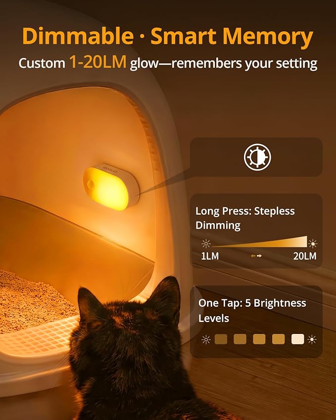 Rechargeable Battery Night Light with Motion Sensor, Portable, Auto-Off, Dimmable for Bathroom, Bedroom, Kitchen, Stairs, Hallway, Pets, Travel, 4-Pack, Amber