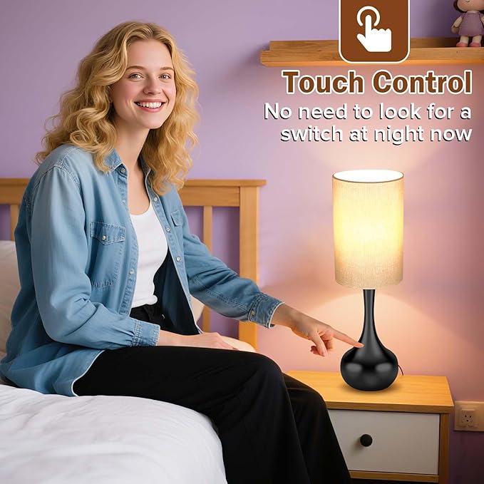 Mid Century Modern Droplet Table Lamp with Cyliner Shade,Touch Control & 3-Way Dimmable, No Assembly Required, Black Vintage Farmhouse Bedside Lamp for Bedroom,Nightstand,Living Room,Office
