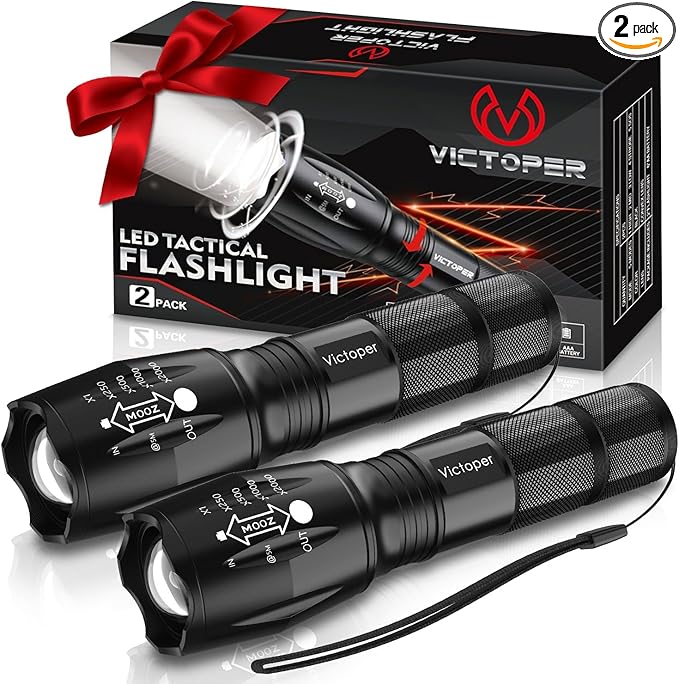 Victoper LED Flashlight 2 Pack, Bright Tactical Torch High Lumens with 5 Modes, Waterproof Zoomable Flash Light, Valentine's Day Gifts for Men, Hunting Camping Essentials Gear