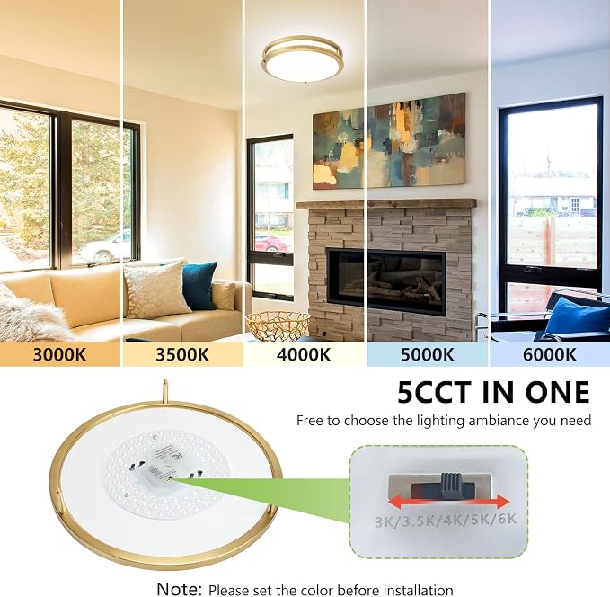 Flush Mount Ceiling Light - 2 Pack 36W 3000K/3500K/4000K/5000K/6000K Dimmable Led Ceiling Light Fixture for Kitchen Hallway Bedroom Bathroom (2, Brushed Gold, 12 Inch)