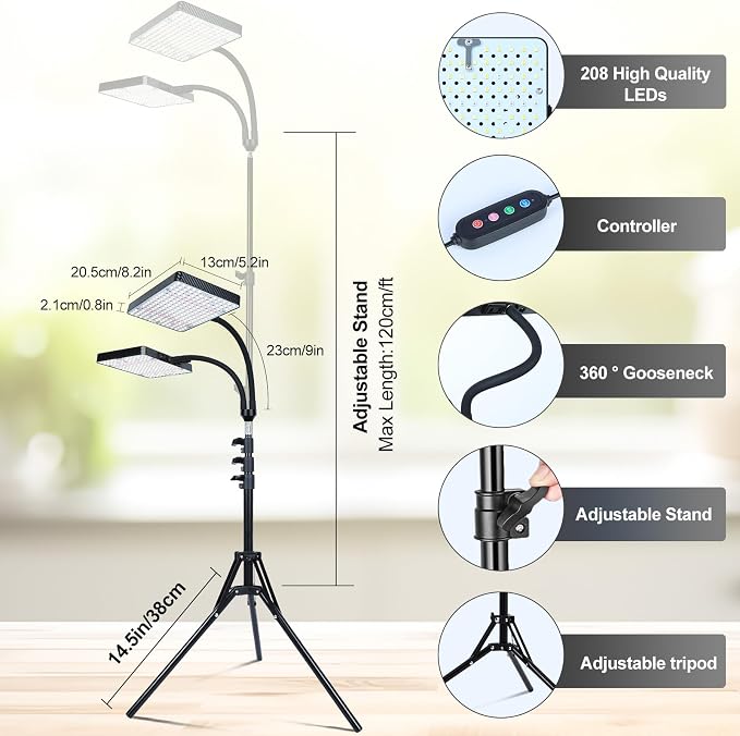 2Head Grow Light with Stand, 50 Watt Grow Lights for Indoor Plants, Natural Sunlight Full Spectrum Plant Growing Lamps for Tall Houseplants & Bonsai Tree, 4/8/12/16/20H 5-Mode Timer