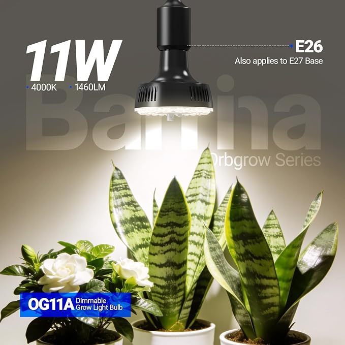Barrina OG11A Grow Light Bulbs for Indoor Plant, 4000K 11W, 1 Pack, Black | Integrated Dimming & Timing, E26 Plant Light Bulb, Full Spectrum, High PPFD for Seeds and Greens