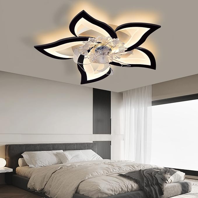Bevenus Low Profile Ceiling Fans with Lights,27.2” Black Modern Dimmable Flower Shape Ceiling Light Fan with Remote Control/app Control,Timing 6 Gear Speeds Fan Ceiling Lamp.