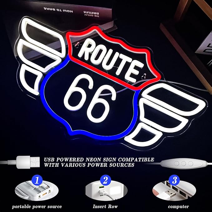 Route 66 Neon Sign Vintage Route 66 Garage Wall Decor Dimmable Us High Way Led 66 Road Sign for Man Cave Garage Neon Lights for Bedroom Party Gift