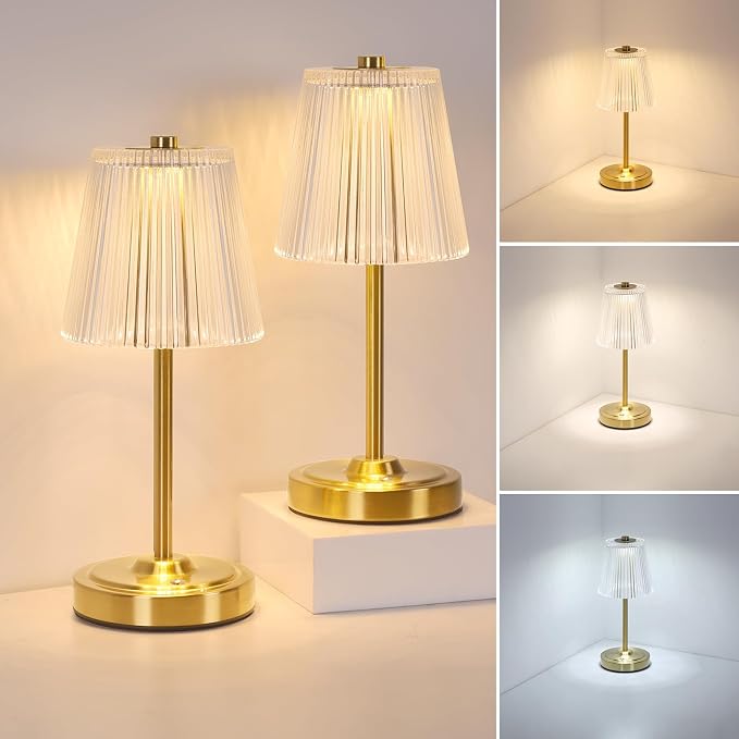 Shenmoyl Set of 2 Cordless Touch Table Lamp with 5200mAh Battery - 3 Adjustable Color Temperatures & Dimmable, Rechargeable Lamp for Bedsides, Living Room, Entryway, Bookshelves (Transparent Stripe)