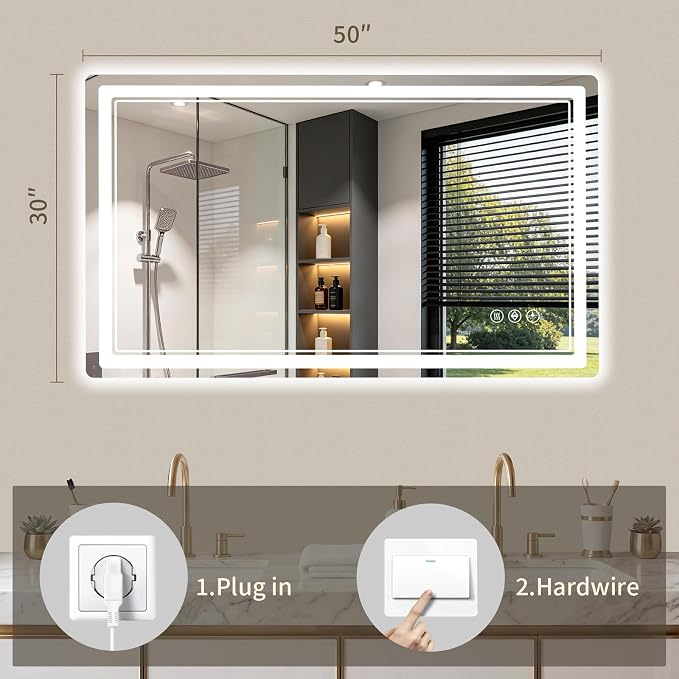 30"x50" LED Bathroom Mirror with Lights, Backlit + Front Lit, Anti-Fog, Lighted Bathroom Mirror for Wall, HD Shatterproof Tempered Glass, Dimmable, Memory Function (Horizontal/Vertical)