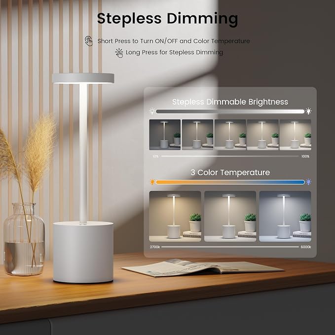Cordless Table Lamp Rechargeable,Battery Powered LED Outdoor Table Light | SAKRINGT 3 Color Stepless Dimming,72Hrs Long Lasting Battery Operated,Portable Waterproof Touch for Patio Restaurant Dining
